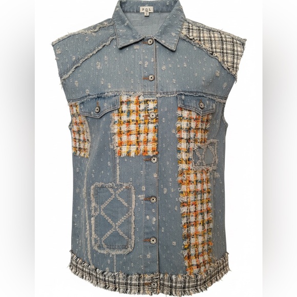 POL Jackets & Blazers - POL denim jean longline button down vest jacket mixed fabric flap pockets new